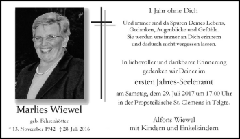 Anzeige von Marlies Wiewel von Westfälische Nachrichten