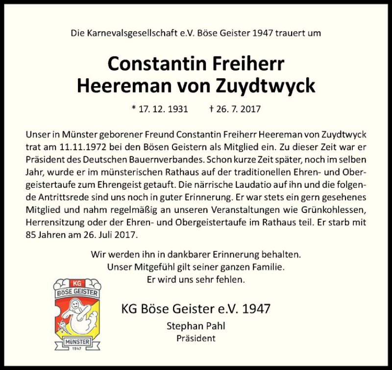  Traueranzeige für Constantin Freiherr Heereman von Zuydtwyck vom 29.07.2017 aus Westfälische Nachrichten