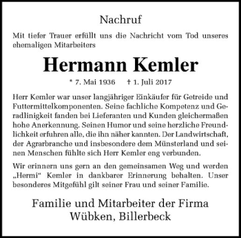 Anzeige von Hermann Kemler von Westfälische Nachrichten