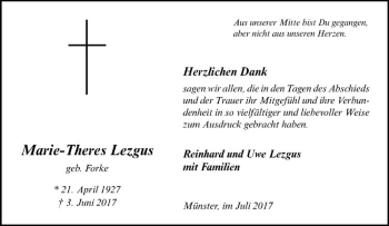 Anzeige von Marie-Theres Lezgus von Westfälische Nachrichten