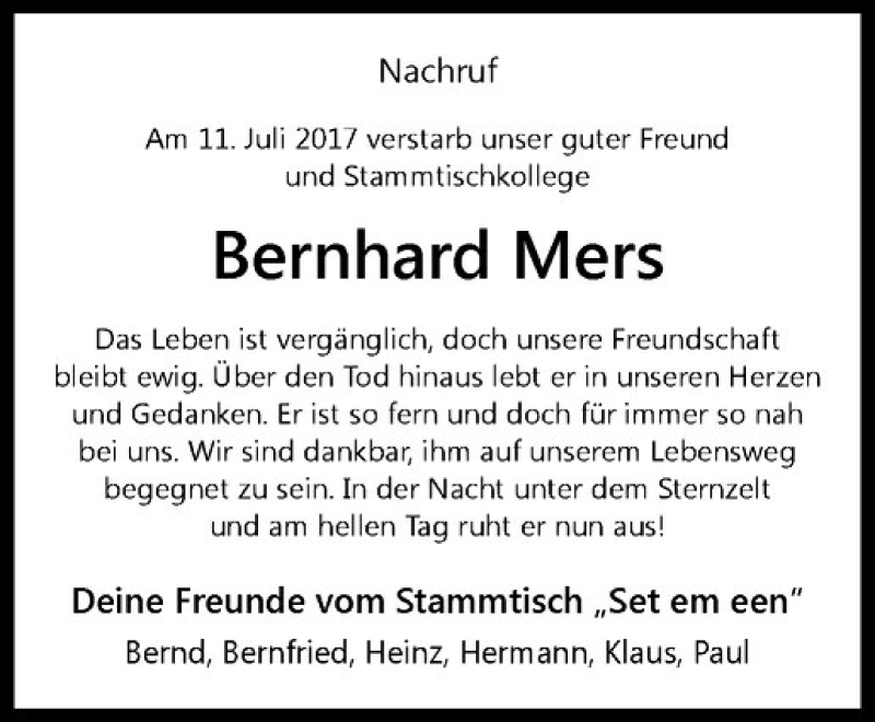  Traueranzeige für Bernhard Mers vom 15.07.2017 aus Westfälische Nachrichten