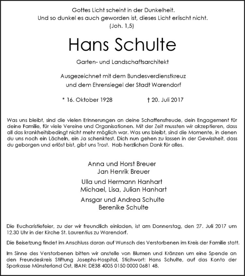  Traueranzeige für Hans Schulte vom 24.07.2017 aus Westfälische Nachrichten