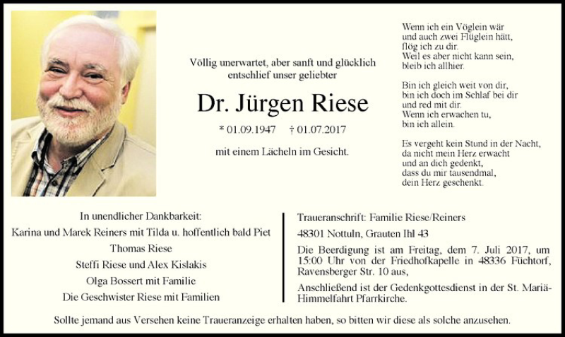  Traueranzeige für Jürgen Riese vom 05.07.2017 aus Westfälische Nachrichten