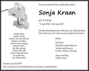 Anzeige von Sonja Kraan von Westfälische Nachrichten