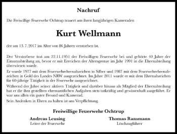 Anzeige von Kurt Wellmann von Westfälische Nachrichten