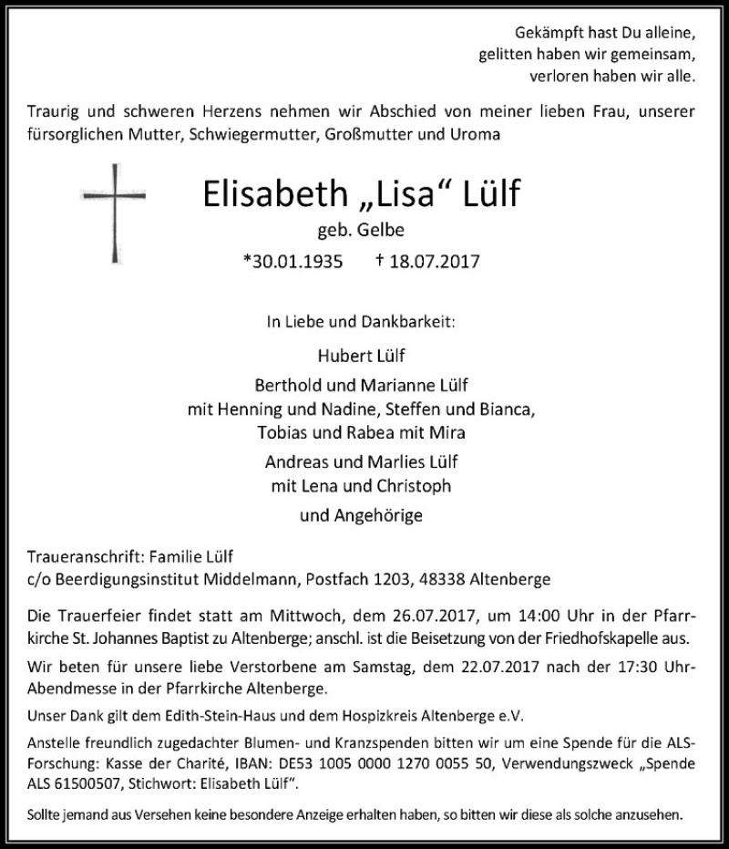  Traueranzeige für Elisabeth Lülf vom 21.07.2017 aus Westfälische Nachrichten