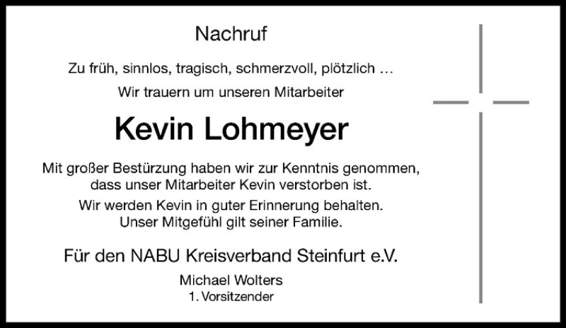  Traueranzeige für Kevin Lohmeyer vom 07.07.2017 aus Westfälische Nachrichten