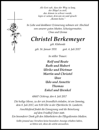Anzeige von Christel Berkemeyer von Westfälische Nachrichten