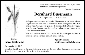 Anzeige von Bernhard Bussmann von Westfälische Nachrichten
