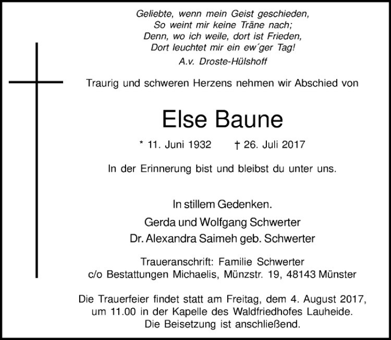  Traueranzeige für Else Baune vom 29.07.2017 aus Westfälische Nachrichten