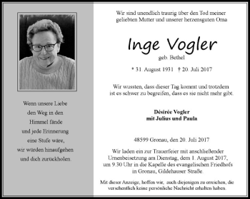 Anzeige von Inge Vogler von Westfälische Nachrichten