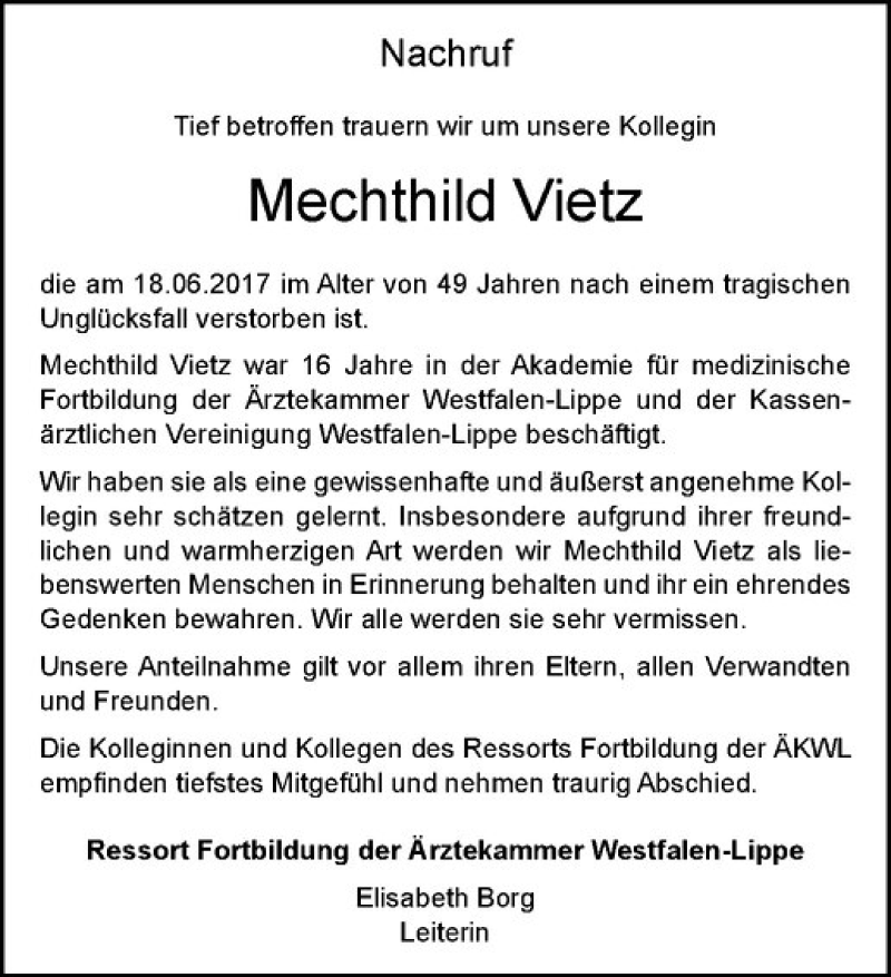  Traueranzeige für Mechthild Vietz vom 01.07.2017 aus Westfälische Nachrichten