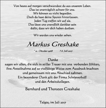 Anzeige von Markus Greshake von Westfälische Nachrichten