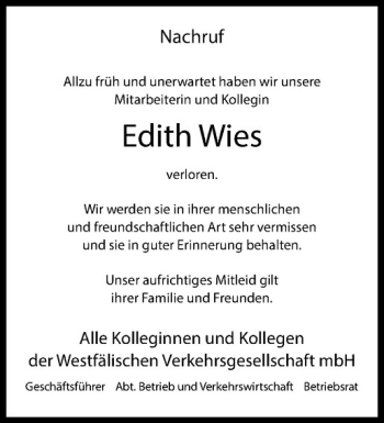 Anzeige von Edith Wies von Westfälische Nachrichten