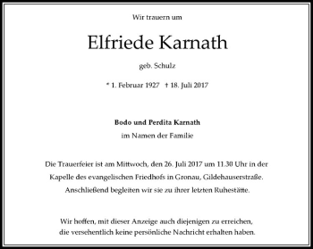 Anzeige von Elfriede Karnath von Westfälische Nachrichten
