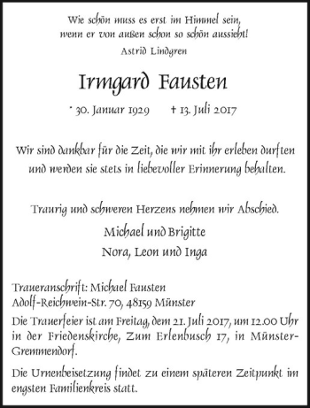 Anzeige von Irmgard Fausten von Westfälische Nachrichten