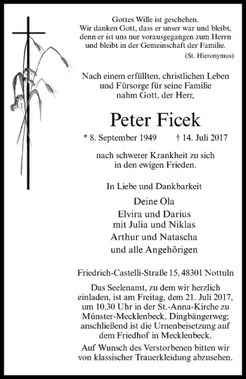 Anzeige von Peter Ficek von Westfälische Nachrichten