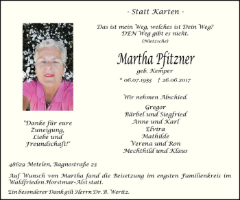 Anzeige von Martha Pfitzner von Westfälische Nachrichten