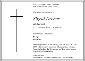 Anzeige von Sigrid Dreher von Westfälische Nachrichten