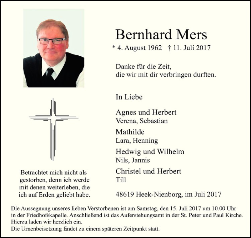  Traueranzeige für Bernhard Mers vom 14.07.2017 aus Westfälische Nachrichten