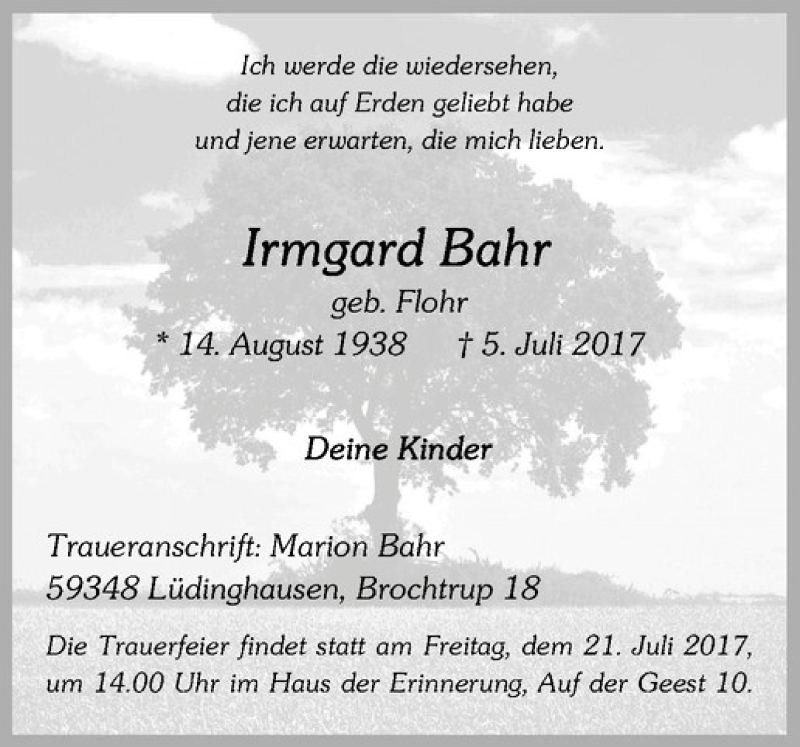  Traueranzeige für Irmgard Bahr vom 15.07.2017 aus Westfälische Nachrichten