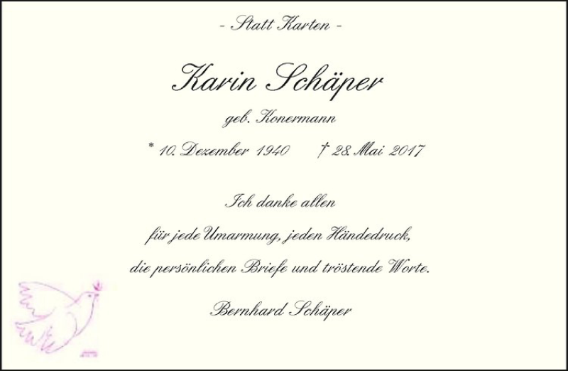  Traueranzeige für Karin Schäper vom 08.07.2017 aus Westfälische Nachrichten