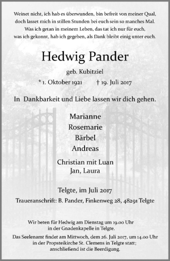 Anzeige von Hedwig Pander von Westfälische Nachrichten