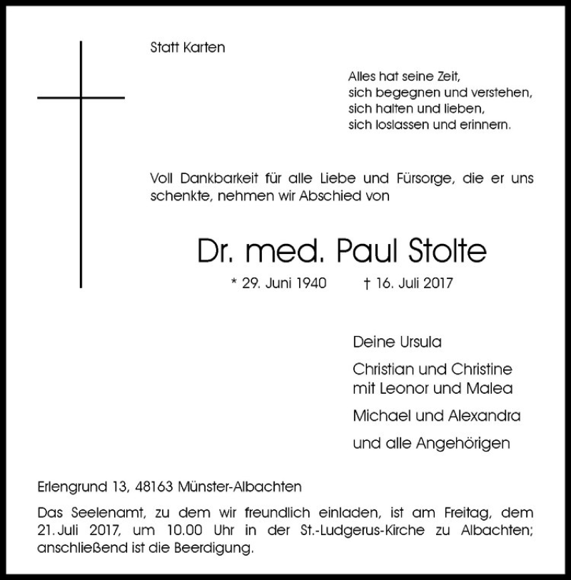 Traueranzeige für Paul Stolte vom 19.07.2017 aus Westfälische Nachrichten