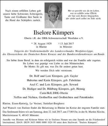 Anzeige von Ilselore Kümpers von Westfälische Nachrichten