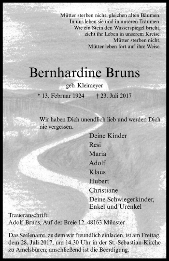 Anzeige von Bernhardine Bruns von Westfälische Nachrichten