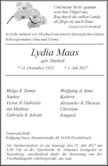 Anzeige von Lydia Maas von Westfälische Nachrichten