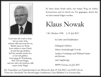 Anzeige von Klaus Nowak von Westfälische Nachrichten