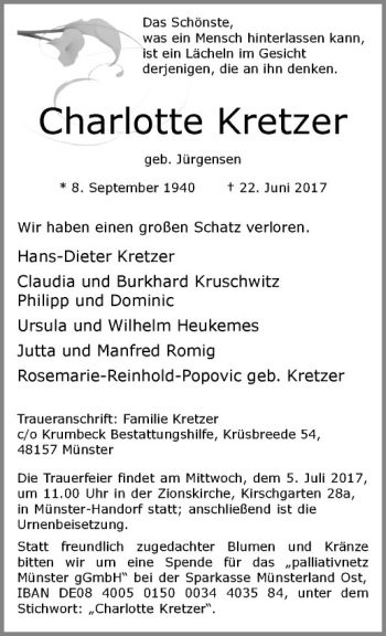 Anzeige von Charlotte Kretzer von Westfälische Nachrichten