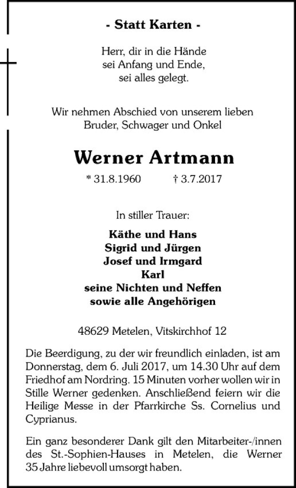  Traueranzeige für Werner Artmann vom 05.07.2017 aus Westfälische Nachrichten