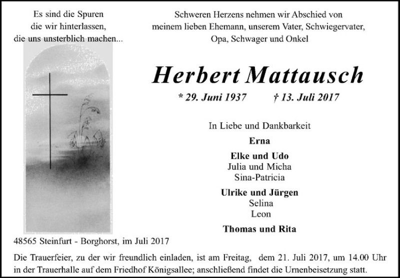  Traueranzeige für Herbert Mattausch vom 19.07.2017 aus Westfälische Nachrichten