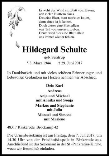 Anzeige von Hildegard Schulte von Westfälische Nachrichten