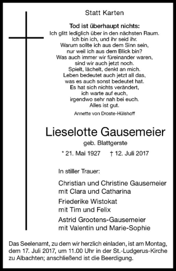 Anzeige von Lieselotte Gausemeier von Westfälische Nachrichten