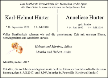 Anzeige von Anneliese Hürter von Westfälische Nachrichten