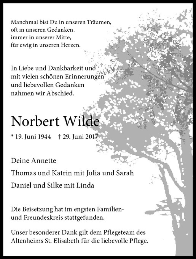  Traueranzeige für Norbert Wilde vom 12.07.2017 aus Westfälische Nachrichten