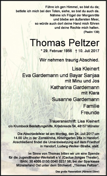 Anzeige von Thomas Peltzer von Westfälische Nachrichten