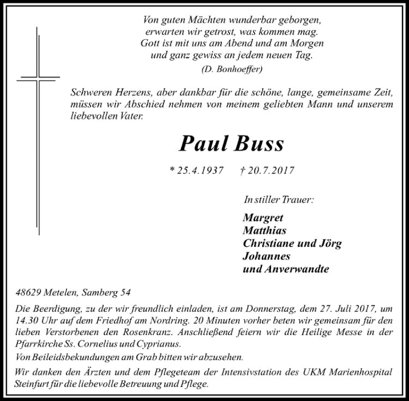  Traueranzeige für Paul Buss vom 25.07.2017 aus Westfälische Nachrichten