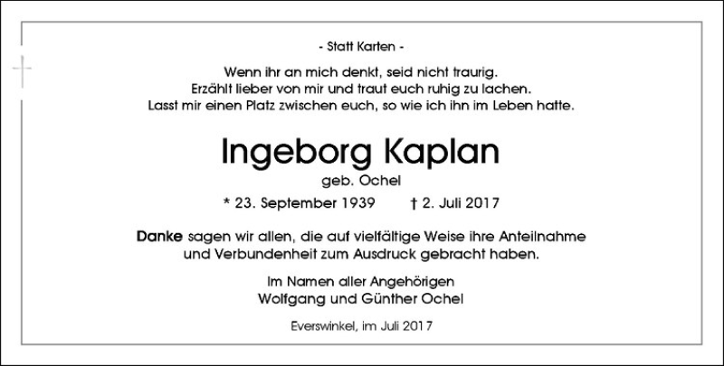  Traueranzeige für Ingeborg Kaplan vom 29.07.2017 aus Westfälische Nachrichten