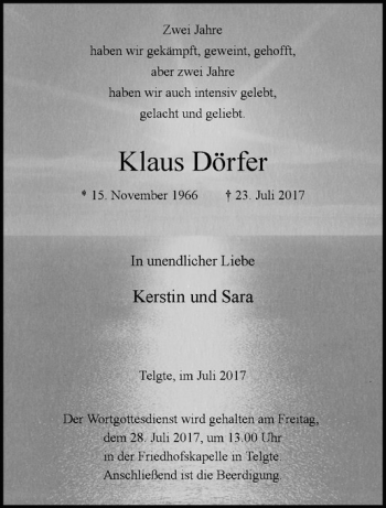 Anzeige von Klaus Dörfer von Westfälische Nachrichten