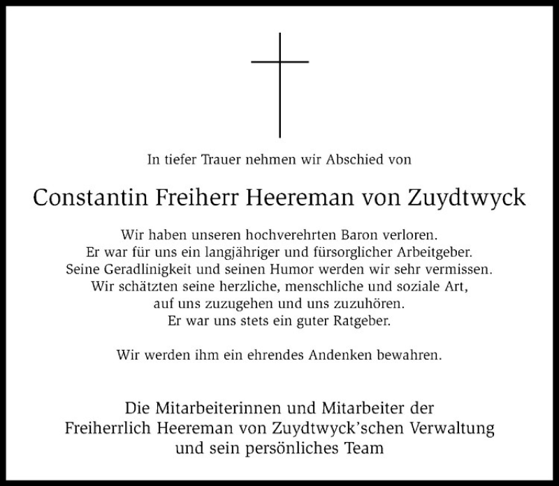  Traueranzeige für Constantin Freiherr Heereman von Zuydtwyck vom 29.07.2017 aus Westfälische Nachrichten