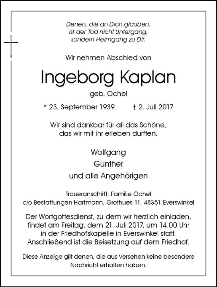  Traueranzeige für Ingeborg Kaplan vom 12.07.2017 aus Westfälische Nachrichten