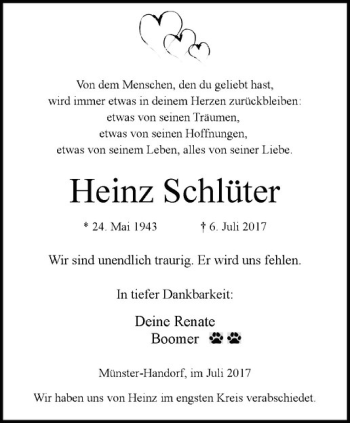 Anzeige von Heinz Schlüter von Westfälische Nachrichten