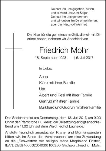 Anzeige von Friedrich Mohr von Westfälische Nachrichten