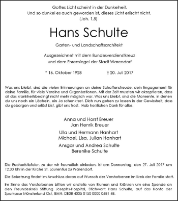 Anzeige von Hans Schulte von Westfälische Nachrichten