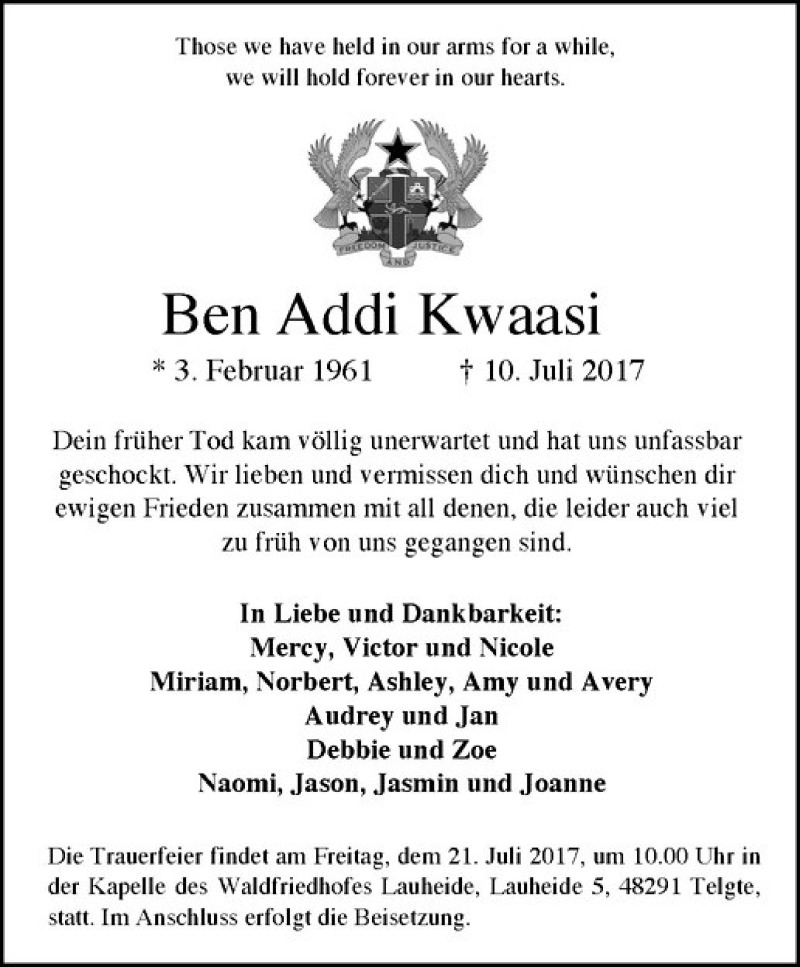  Traueranzeige für Ben Addi Kwaasi vom 19.07.2017 aus Westfälische Nachrichten