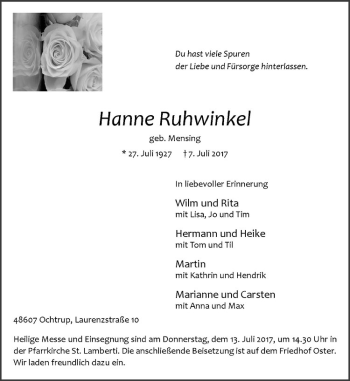 Anzeige von Hanne Ruhwinkel von Westfälische Nachrichten